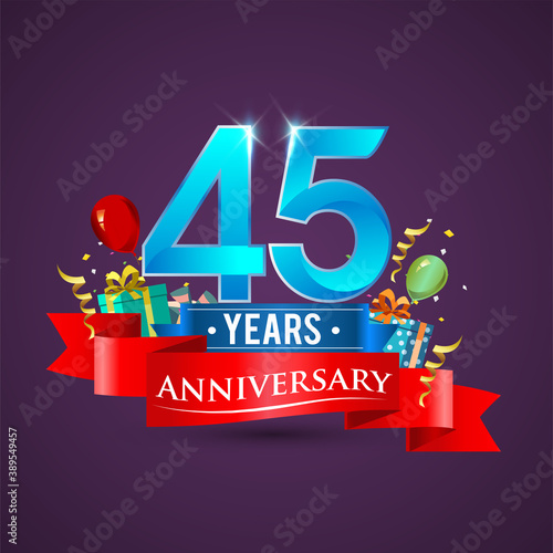 45th Anniversary celebration logo, with gift box and balloons, red ribbon.