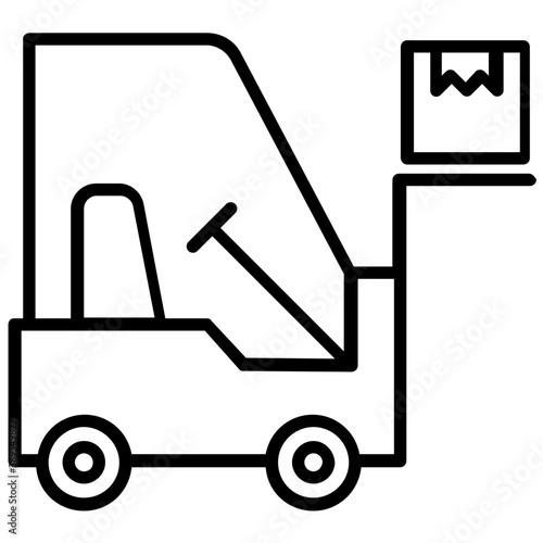 
An icon showing  stacker vehicle with a pallet, lifting package, used in warehouse management 
