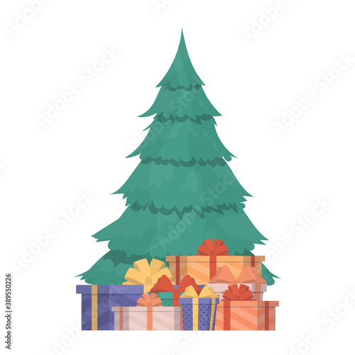 New Year tree with gifts. Green coniferous tree. Gifts under the tree. Suitable for the New Years theme. Vector.