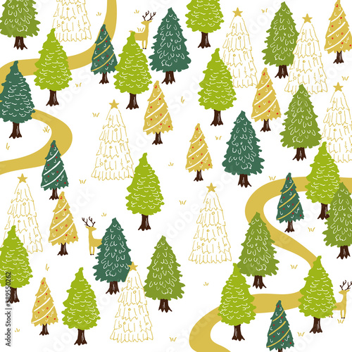 クリスマスツリーと冬の森　背景イラスト