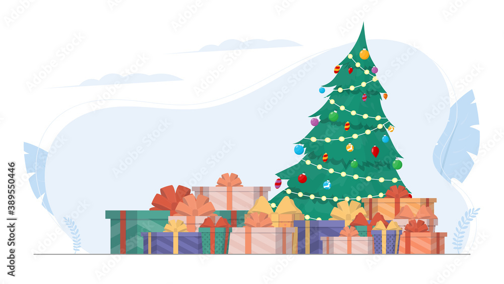 New Year banner with Christmas tree and gifts. Green coniferous tree. Gifts under the tree. Vector.