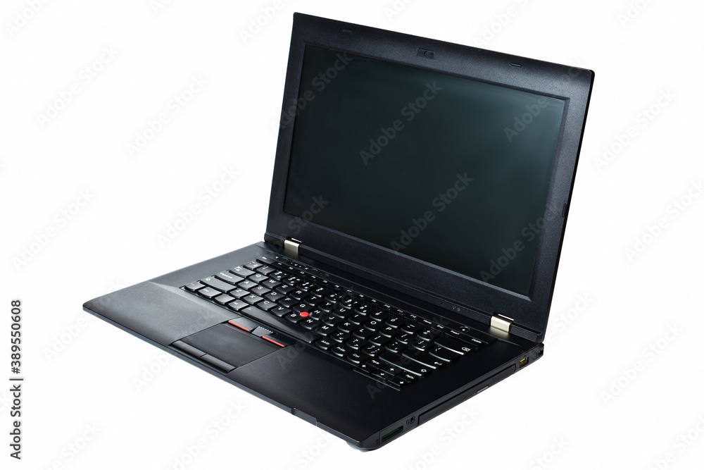 black laptop with CD with space on the screen for text or pictures. isolated on white background. high technology office work concept. black laptop with CD with space on the screen for text or pictures. isolated on white background. high technology office work concept.