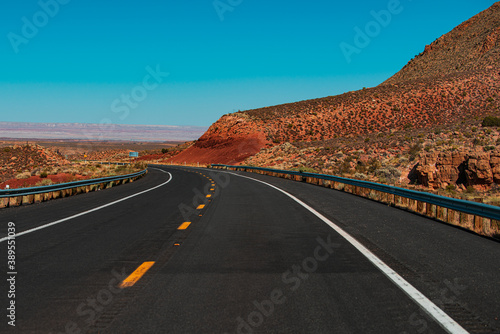 Route 66 in California. Barren scenery, Endless straight.