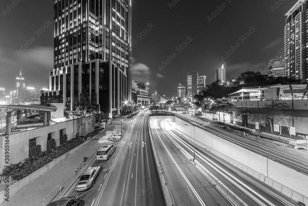 Traffic in downtown of Hong Kong city at night