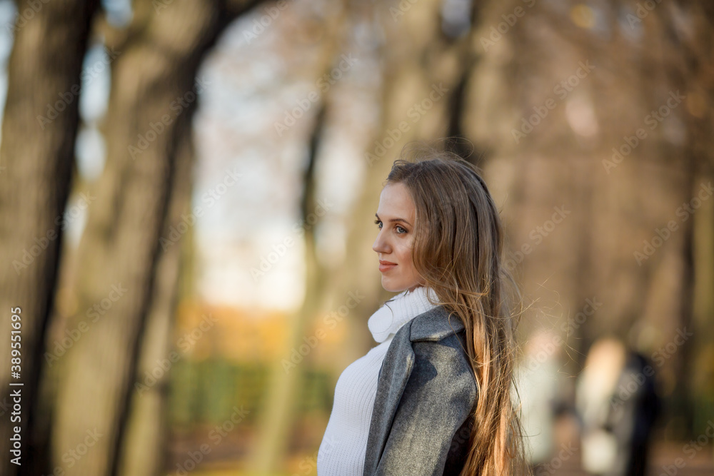 Pretty woman with light brown hair. Portrait of a beautiful woman in an elegant gray coat. Young woman walks in the autumn park. Pretty woman with light brown hair. Portrait of a beautiful woman in an elegant gray coat. Young woman walks in the autumn park.