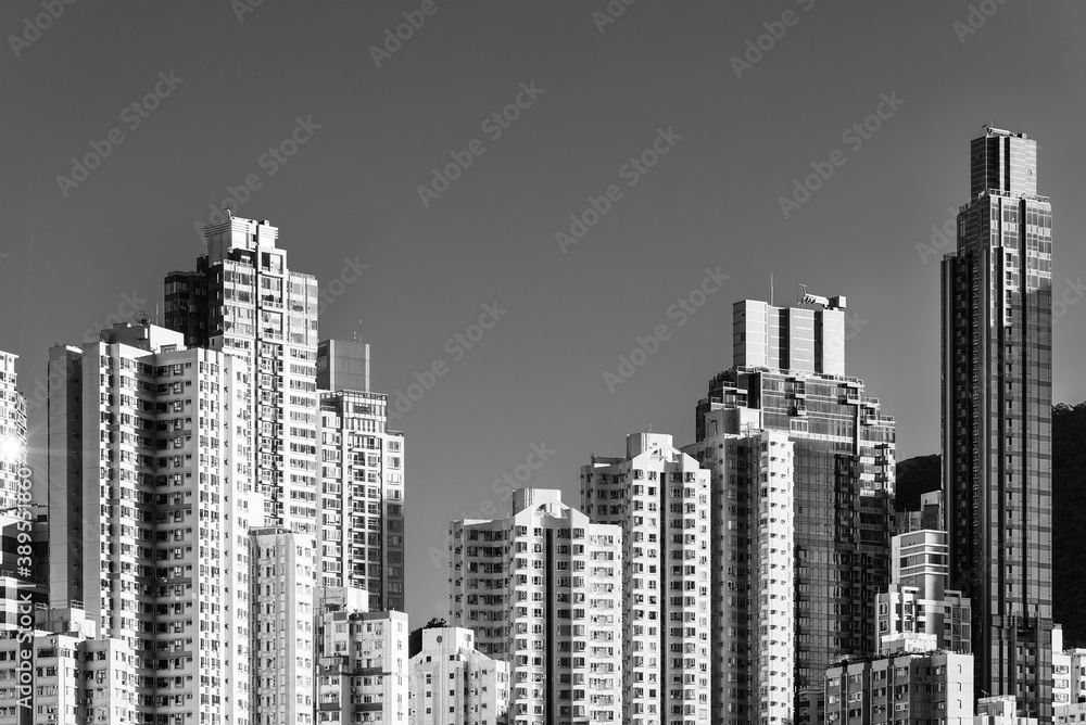 High rise residential building in downtown district of Hong Kong city