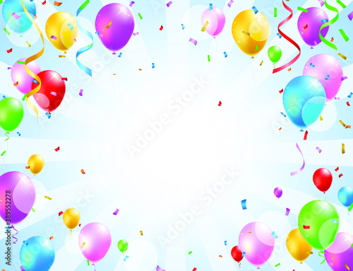 Birthday Card with Balloons   Confetti and Curling Streamer or Party Serpentine . Isolated Vector Illustration
