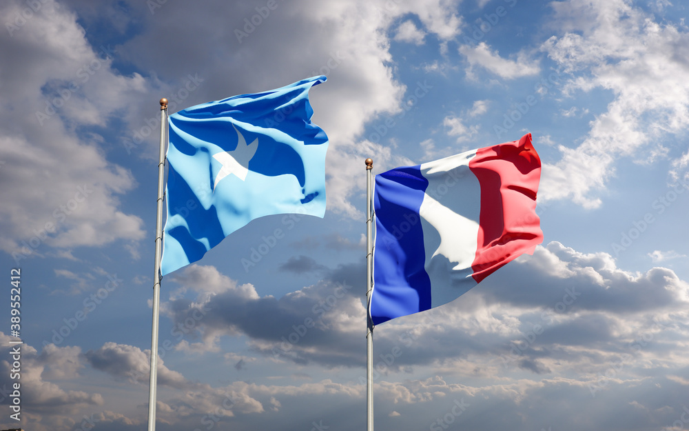 Beautiful national state flags of France and Somalia together at the sky background. 3D artwork concept. Beautiful national state flags of France and Somalia together at the sky background. 3D artwork concept.
