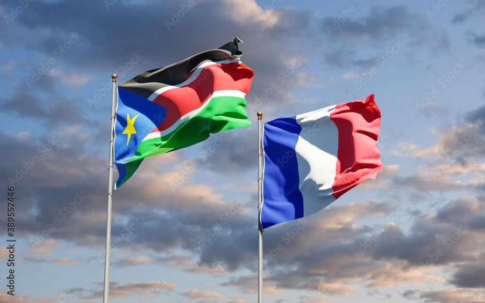 Beautiful national state flags of France and South Sudan together at the sky background. 3D artwork concept.