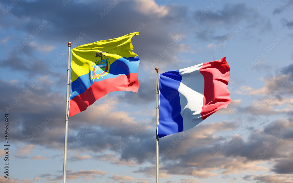 Beautiful national state flags of France and Ecuador together at the sky background. 3D artwork concept. Beautiful national state flags of France and Ecuador together at the sky background. 3D artwork concept.