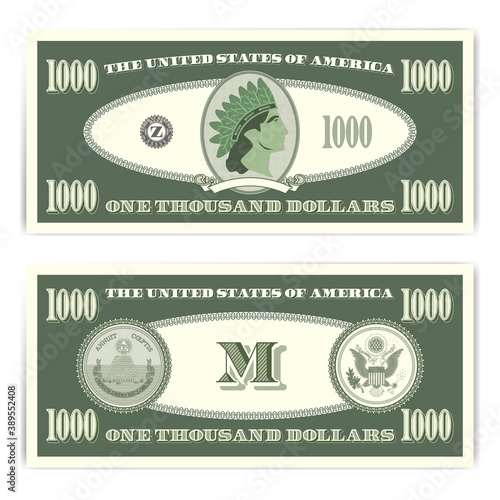 US fictitious green paper money in denominations of one thousand dollars with portrait of an Indian. EPS10