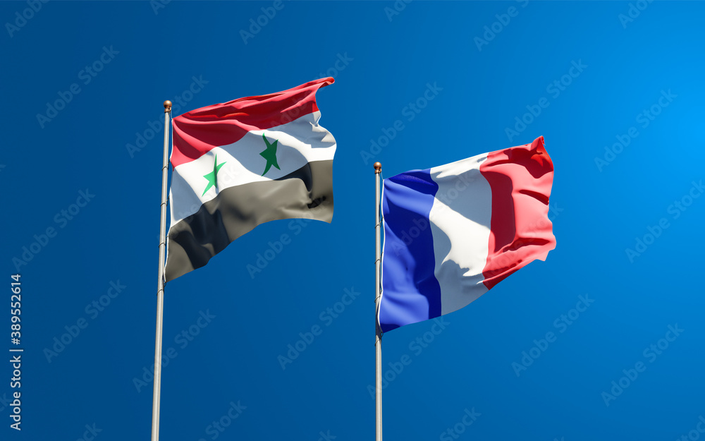 Beautiful national state flags of France and Syria together at the sky background. 3D artwork concept.