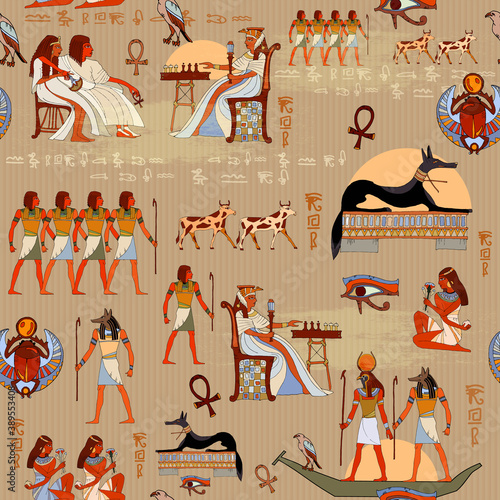 Egyptian gods and pharaohs, vintage seamless pattern. Ancient civilization. History and culture