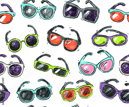Hand drawn doodle style  different sunglasses types  seamless pattern  hand drawn doodle style  fashion fabric textures  vector illustration. Design for web and mobile app.