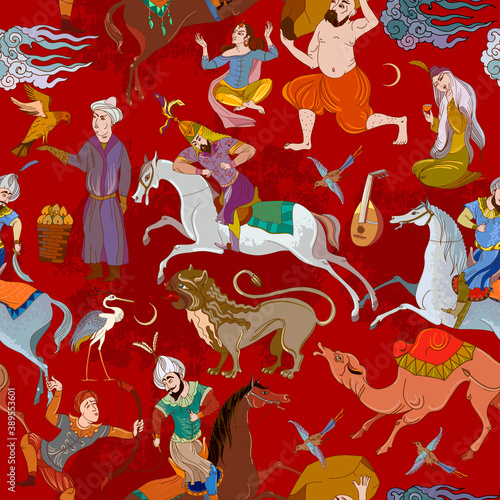 Horsemen and oasis. Fairy tales and legends of the Middle East. Medieval miniature. Seamless pattern. Persian frescoes. Travel of heroes. Ancient civilization murals. Ottoman Empire