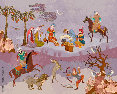 Persian frescoes. Travel of heroes. Ancient civilization murals. Ottoman Empire. Fairy tales and legends of the Middle East. Medieval miniature. Mughal art. Horsemen and oasis