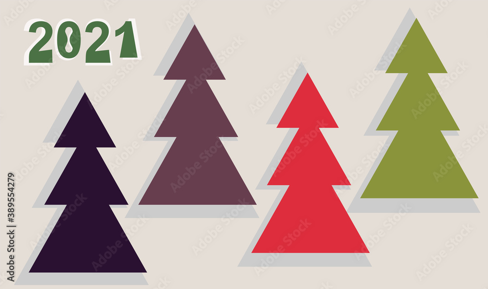 Greeting card for the new year 2021. A set of simple geometric images of firs of different colors. illustration in a palette of Christmas colors