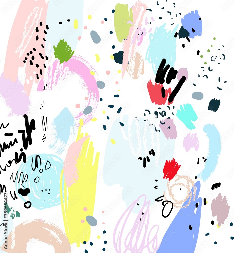 Abstract colorful paint background. Brush, marker, highlight stroke pattern. Vector artwork. Memphis vintage, retro style. Child, kid cute sketch drawing. Pink, purple, black, yellow, red, green color