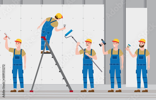 Set Construction workers with cordless screwdriver, brush, plastering trowel, rollerbrush tools in workwear