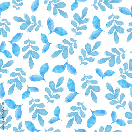 Watercolor pattern with leaves and twigs in blue shades