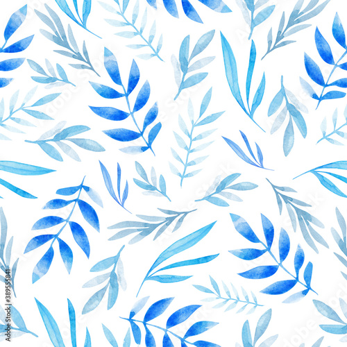 Watercolor pattern with leaves and twigs in blue shades