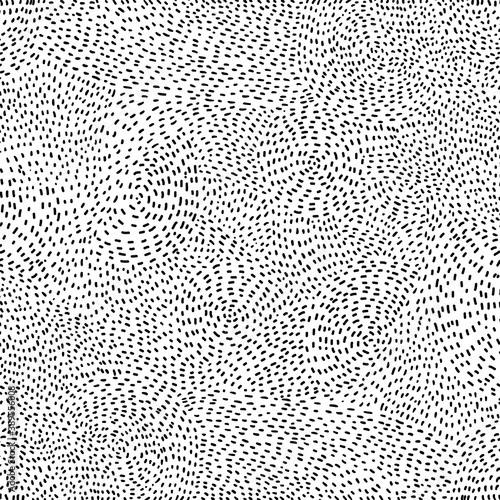Dotted, dashed line pattern. Optical illusion. Abstract background. Hand drawn sketch. Vector artwork. Black and white, monochrome. Print, wallpaper, banner, template