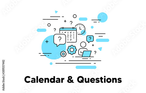 Clock and Calendar line icon. Timetable schedule, Question mark, Human resources concept illustration. Appointment time, Calendar and Clock reminder, Support schedule icon. Editable stroke. Vector