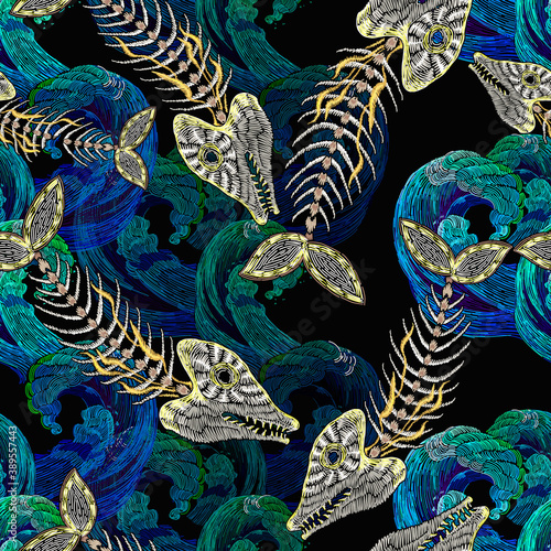 Embroidery fish bone big sea wave seamless pattern  gothic background. Underwater art. Fashionable template for design of clothes  textile