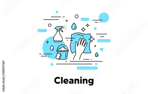 Cleaning napkin line icon. Wipe and disinfection by cleaning cloth and spray. Clean service illustration. Antibacterial napkin, bucket with sponge, disinfectant spray icon. Editable stroke. Vector