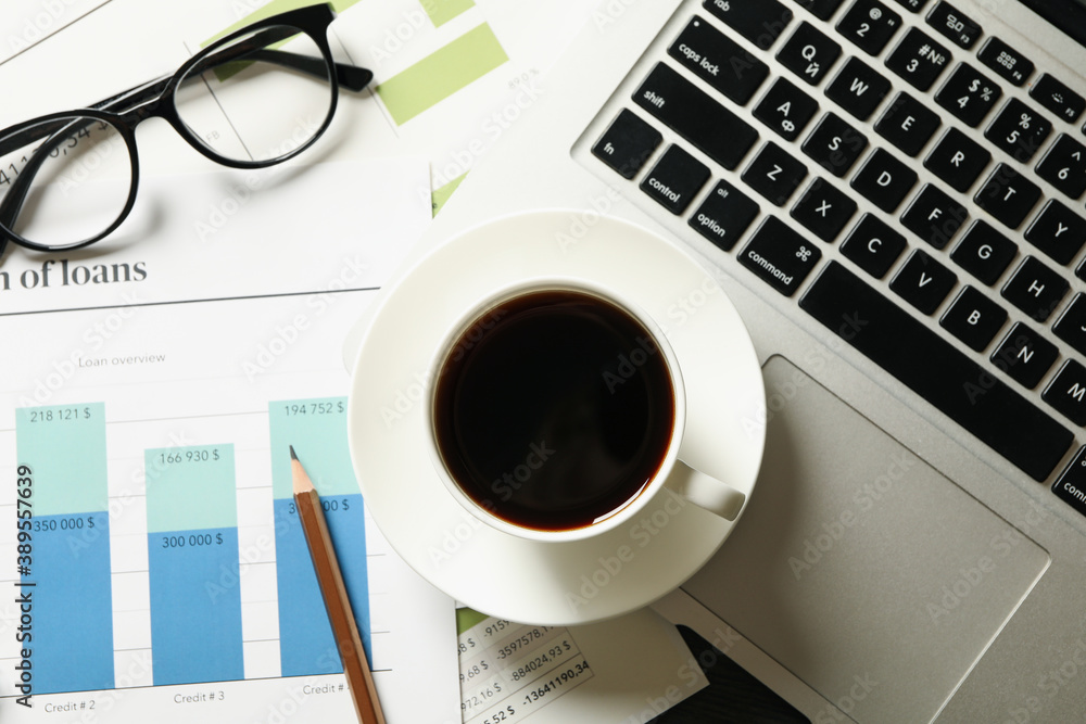 Concept of financial planning on black table, top view Concept of financial planning on black table, top view