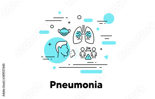 Pneumonia line icon. Coronavirus Covid symptoms illustration. Asthma, Tuberculosis and Respiratory distress icon. Social distance, Lungs pneumonia and Medical face mask. Editable stroke. Vector