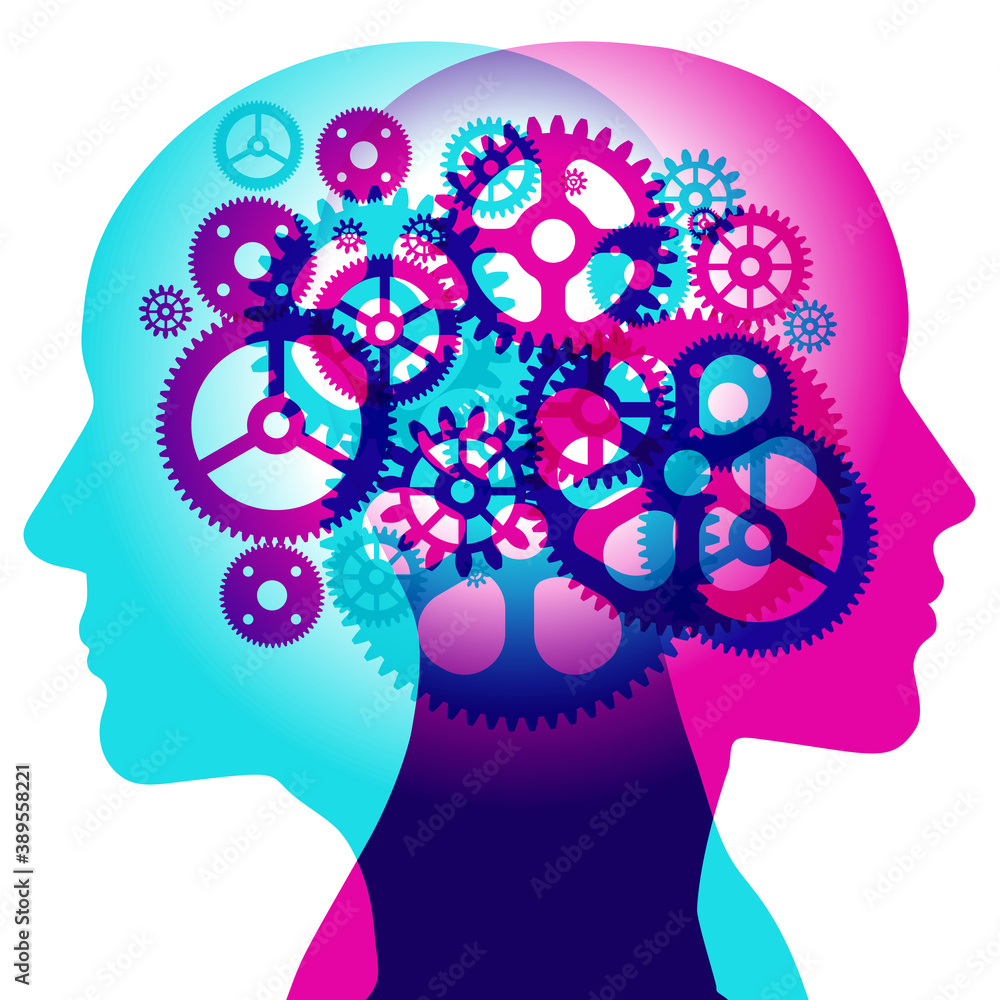 A male and female side silhouette positioned back to back, overlaid with various sized overlapping semi-transparent gears shapes and symbols. A male and female side silhouette positioned back to back, overlaid with various sized overlapping semi-transparent gears shapes and symbols.
