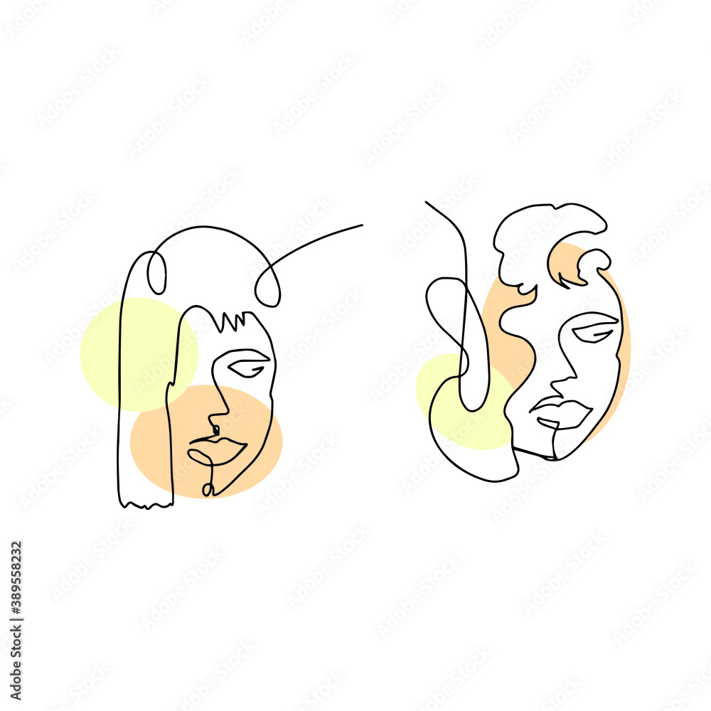 Isolated elements on a white background. Stylized faces. Vector. Drawing in one line. Faces with pastel spots. Suitable for posters, stickers and postcards. Isolated elements on a white background. Stylized faces. Vector. Drawing in one line. Faces with pastel spots. Suitable for posters, stickers and postcards.