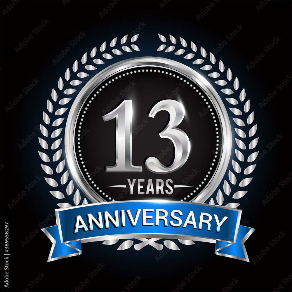 Birthday celebration logo 13th years with wreath, laurel, blue ribbon and silver ring. Birthday celebration logo 13th years with wreath, laurel, blue ribbon and silver ring.