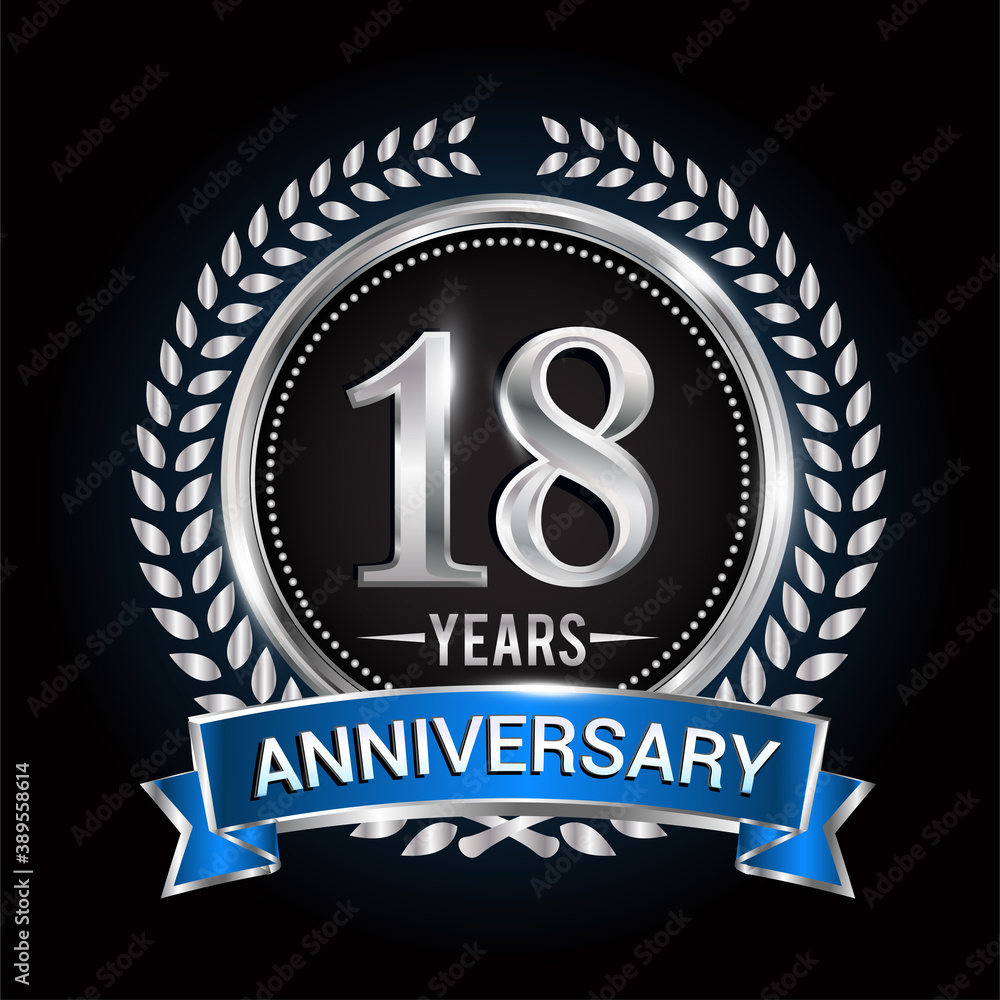 Birthday celebration logo 18th years with wreath, laurel, blue ribbon and silver ring. Birthday celebration logo 18th years with wreath, laurel, blue ribbon and silver ring.