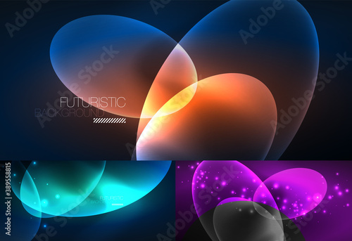 Set of neon abstract backgrounds. Shiny bright glowing ellipses in the dark. Vector futuristic illustrations for covers, banners, flyers and posters and other