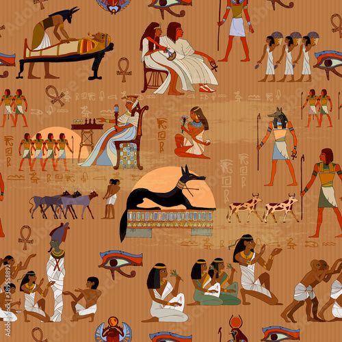 Egypt seamless pattern. Hieroglyphic carvings on the exterior walls. Ancient murals background. Gods and pharaohs. Old history and culture