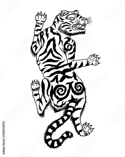 Asian Japanese tiger. Wild animal for tattoo or sticker or emblem. Hand drawn engraved sketch. Monochrome doodle style. Vector illustration.