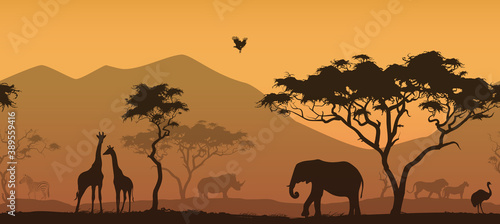 horizontal seamless background with africa nature. All animals and trees are isolated - you can clean and move them. vector illustration photo