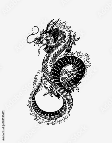Japanese dragon. Mythological animal or Asian traditional reptile. Symbol for tattoo or label. Engraved hand drawn line art Vintage old monochrome sketch, ink. Vector illustration.