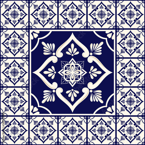 Mexican tile pattern floor vector with blue ceramic print. Vintage big element in center with frame. Mosaic background with portuguese azulejos, talavera, italian, sicily, spanish, delft dutch motifs.