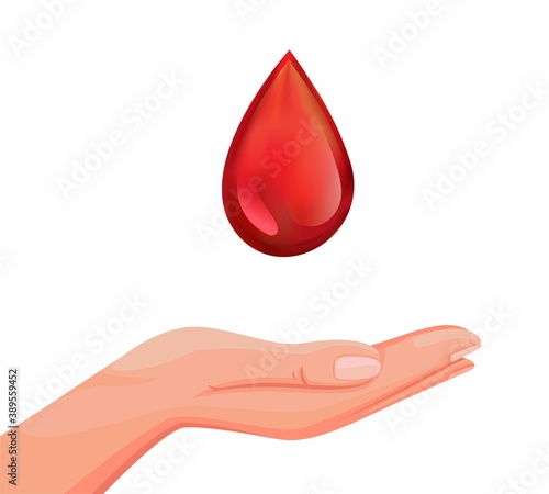 Hand with blood droplet symbol for donation blood for charity concept in cartoon illustration vector