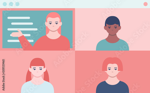 Distance education in school - online classroom meeting. Remote learning. Teacher near blackboard, pupils are listening her. Lecture with preteens students or younger teenagers. Modern flat vector
