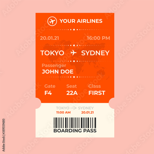 Modern airline ticket design with flight time and passenger name. Boarding pass vector illustration