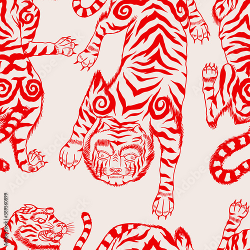 Asian Japanese tiger. Seamless pattern. Wild animal for tattoo or sticker or emblem. Hand drawn engraved sketch for poster or flyer background. Monochrome doodle style. Vector illustration.