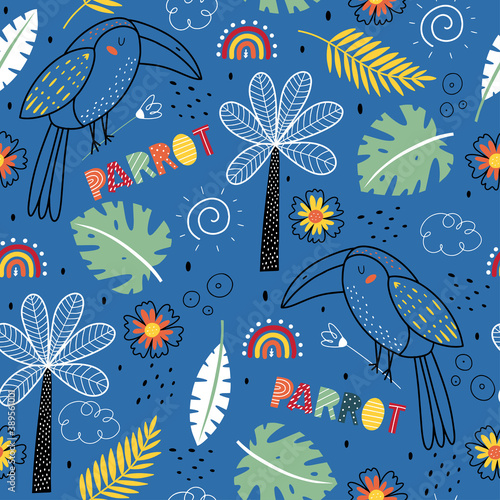 Seamless pattern with parrots. Fairy Tale kid textile, wrapping paper, backgr...