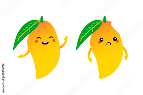 Cute cartoon style yellow mango characters, happy and sad, for tropical food design.