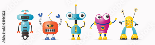 Set of cute vector robot characters for kids. Robotics and artificial intelligence