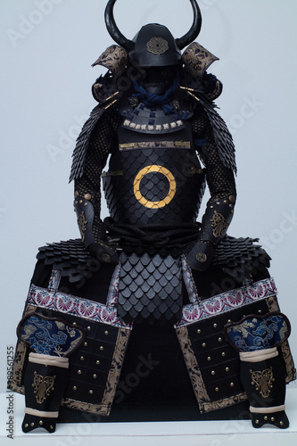 Bild auf Leinwand samurai armor, with bull horns and a white background