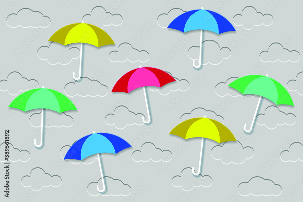 Background with clouds. Embossed clouds in the blue sky and color umbrellas. Vector EPS10